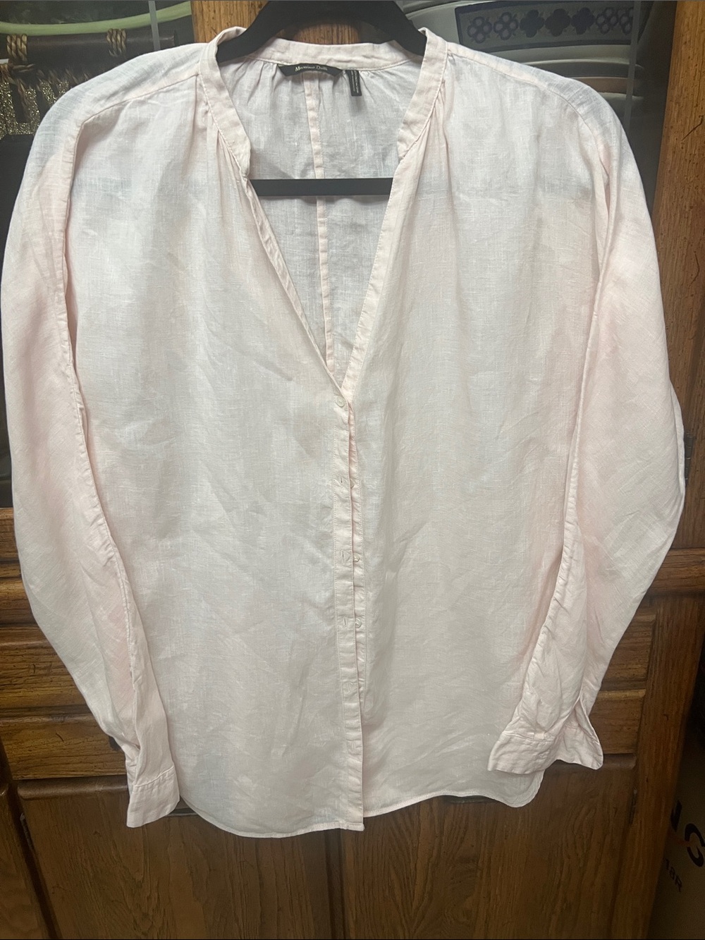 Massimo Dutti Light Pink Linen Women's V-Neck Long Sleeve Blouse